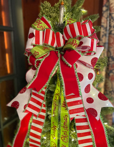 The Whoville Red White & Green Whimsical Christmas Tree Topper Bow