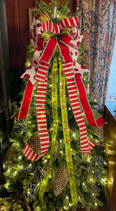 The Whoville Red White & Green Whimsical Christmas Tree Topper Bow