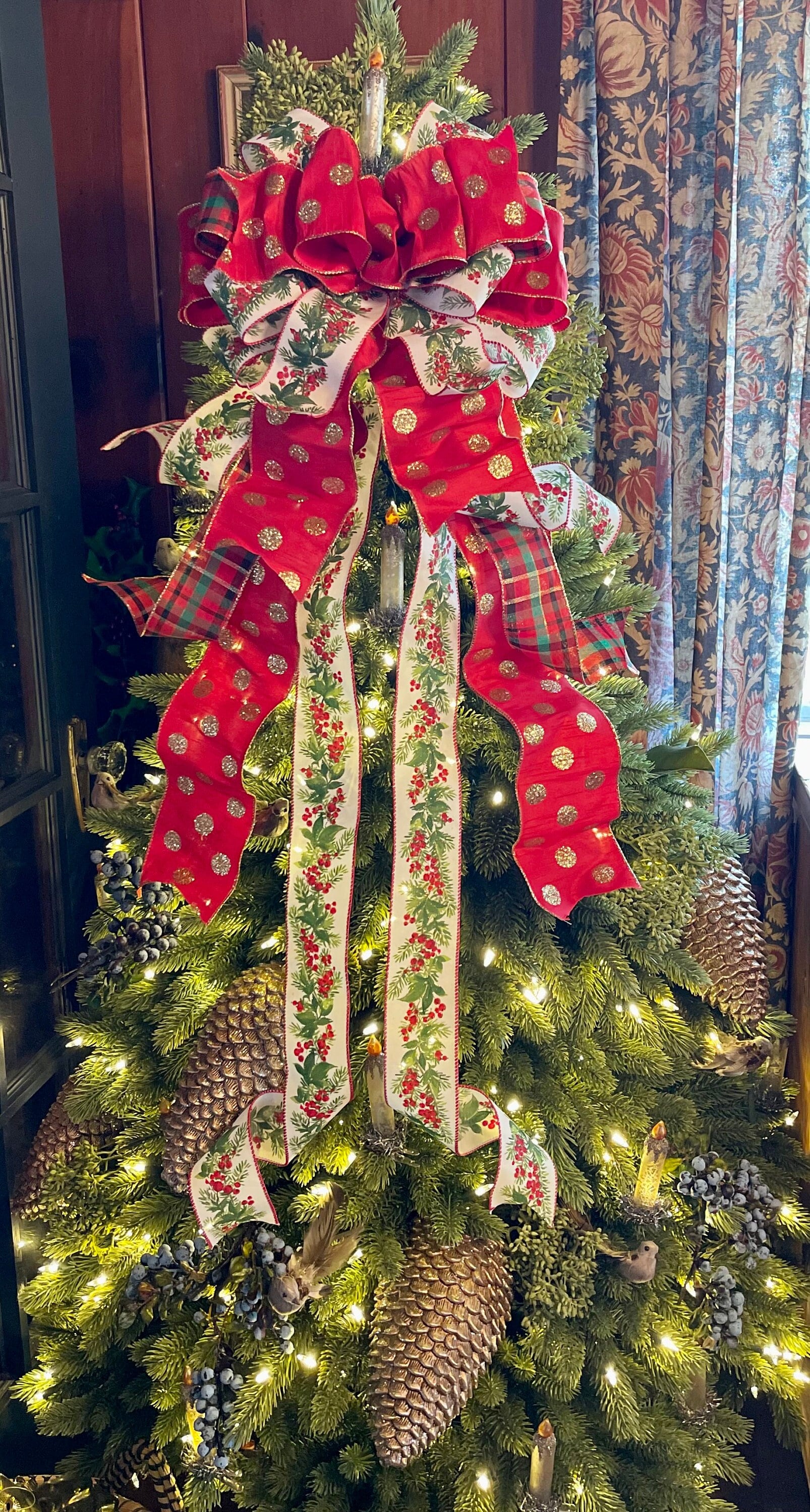 The Tamara Red Green & White Christmas Tree Topper Bow