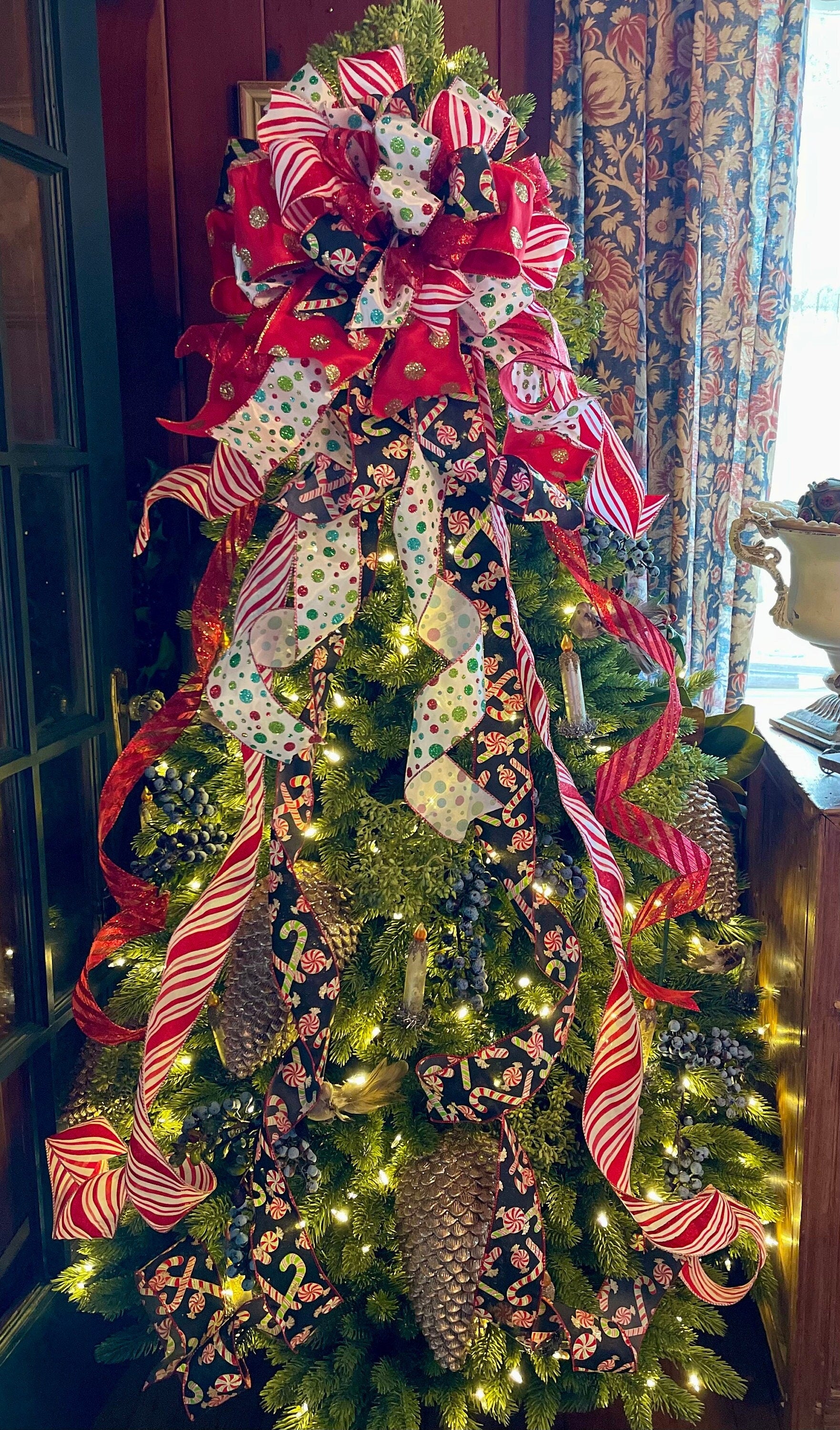 The Bonnie Red Black Green & White Christmas Tree Topper Bow