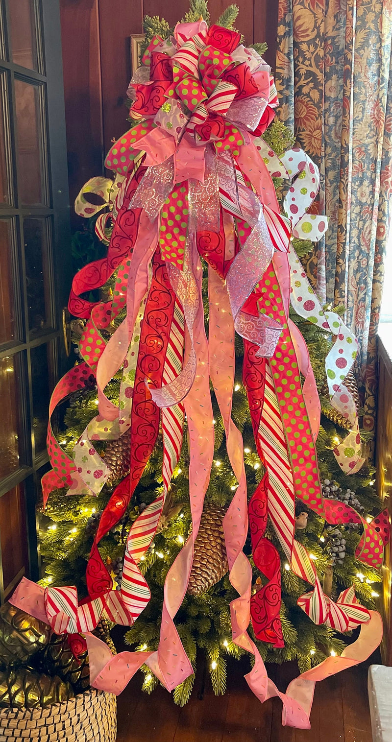 The Molly Pink Red & Lime Green Whimsical Christmas Tree Topper Bow, oversized bow, Candy tree topper, Grinch tree topper, tree trimming bow