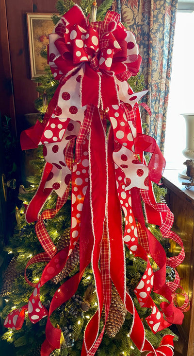 The Minnie Red & White Christmas Tree Topper Bow, Polka dot christmas bow, Deluxe christmas tree topper bow, Christmas tree trimming bow