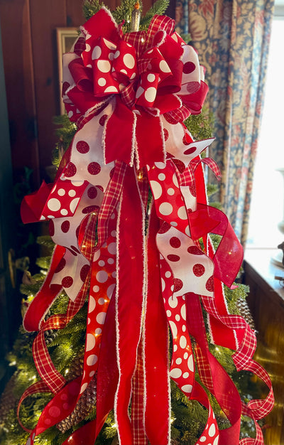 The Minnie Red & White Christmas Tree Topper Bow, Polka dot christmas bow, Deluxe christmas tree topper bow, Christmas tree trimming bow