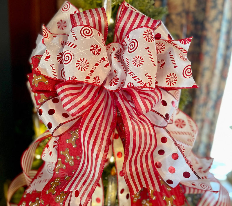 The Ginger Red & White Gingerbread Christmas Tree Topper Bow