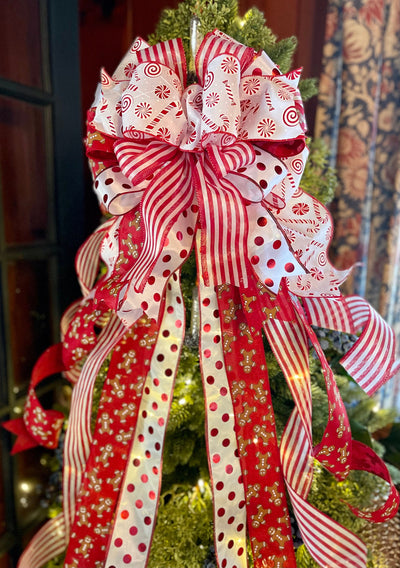 The Ginger Red & White Gingerbread Christmas Tree Topper Bow