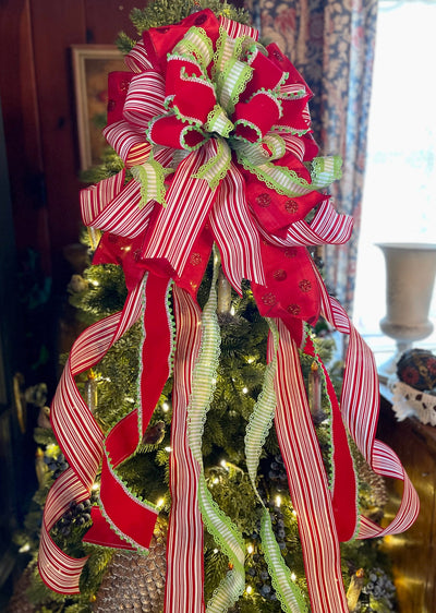 The Margaret Red Lime Green & White Christmas Tree Topper Bow