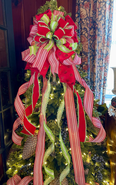 The Margaret Red Lime Green & White Christmas Tree Topper Bow