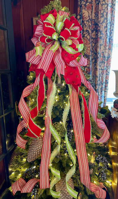 The Margaret Red Lime Green & White Christmas Tree Topper Bow