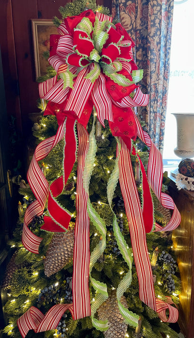 The Margaret Red Lime Green & White Christmas Tree Topper Bow