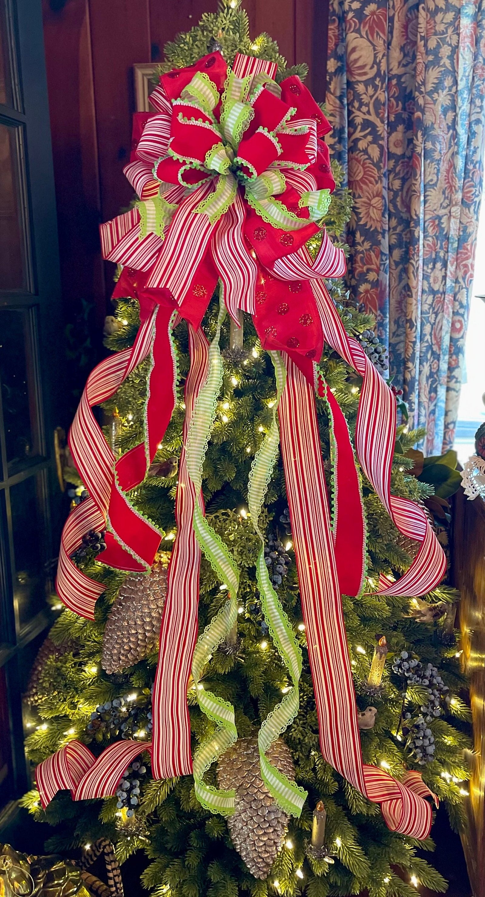 The Margaret Red & Green Christmas Tree Topper Bow