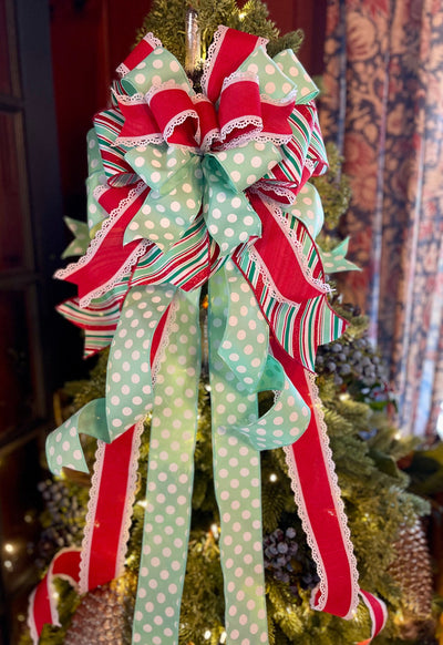 The Mindy Red Mint Green & White Christmas Tree Topper Bow