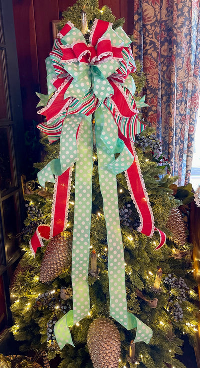 The Mindy Red Mint Green & White Christmas Tree Topper Bow