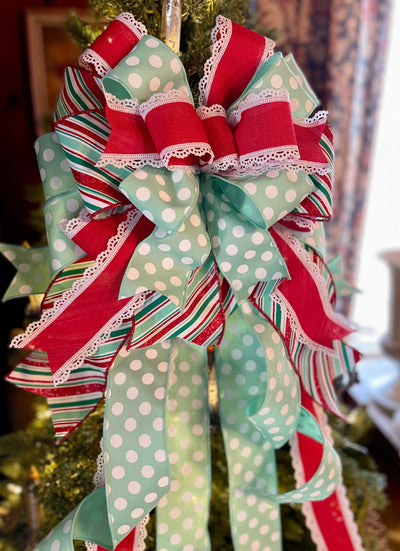 The Mindy Red Mint Green & White Christmas Tree Topper Bow