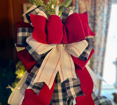 The Leah Burgundy Navy & Cream Plaid Christmas Tree Topper Bow