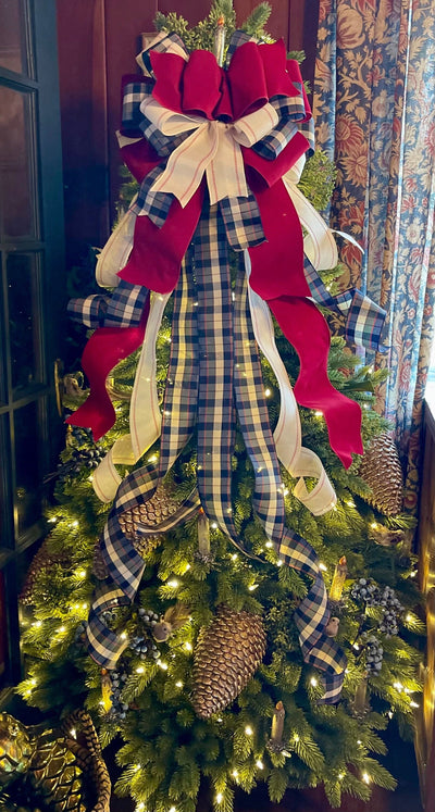 The Leah Burgundy Navy & Cream Plaid Christmas Tree Topper Bow