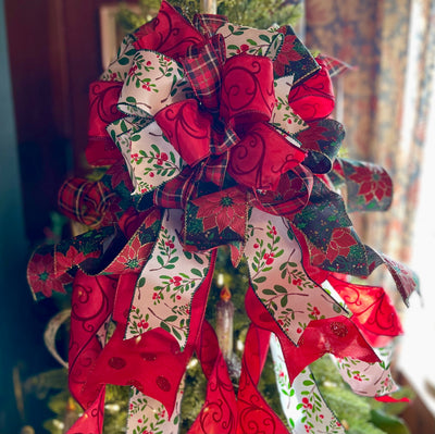 The Cheri Red Green Christmas Tree Topper Bow: Cottage Style Wreath Bow