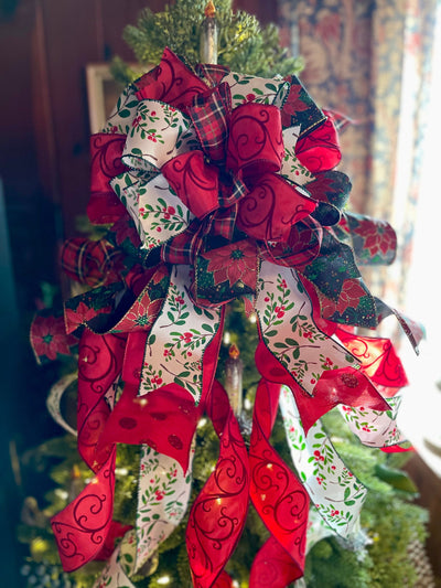 The Cheri Red Green Christmas Tree Topper Bow: Cottage Style Wreath Bow