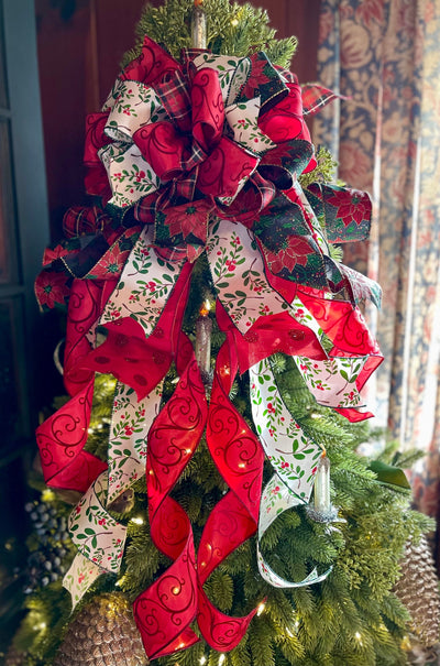 The Cheri Red Green Christmas Tree Topper Bow: Cottage Style Wreath Bow