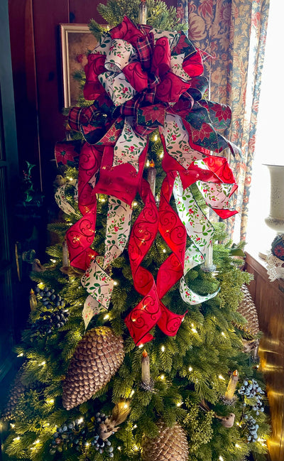 The Cheri Red Green Christmas Tree Topper Bow: Cottage Style Wreath Bow