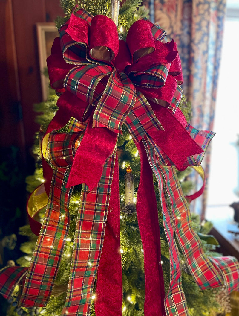 The Ellen Red Green & Gold Christmas Tree Topper Bow