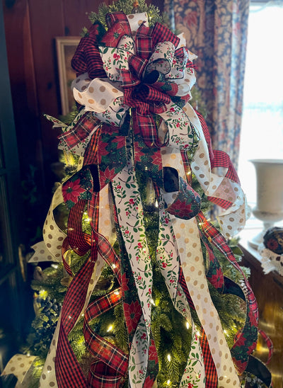 The Maggie Red Black Green & White Christmas Tree Topper Bow