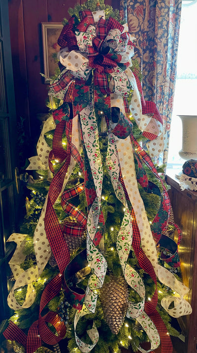 The Maggie Red Black Green & White Christmas Tree Topper Bow