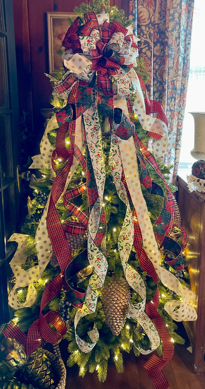 The Maggie Red Black Green & White Christmas Tree Topper Bow