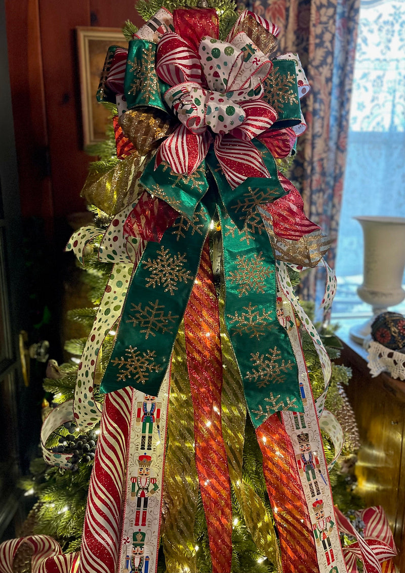 The Bethany Red Gold & Green Nutcracker XXL Christmas Tree Topper Bow