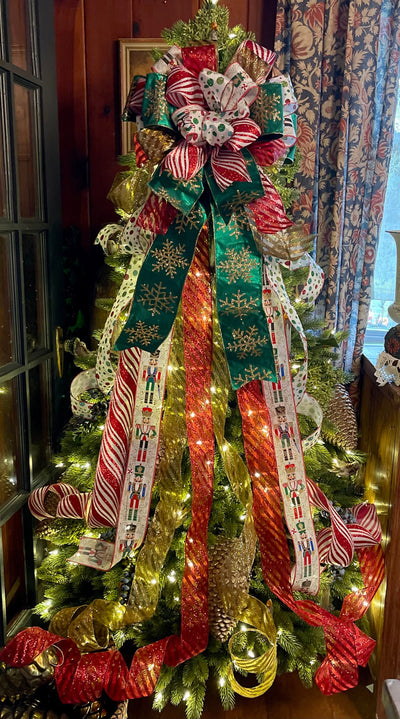 The Bethany Red Gold & Green Nutcracker XXL Christmas Tree Topper Bow