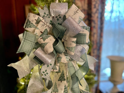 The Lily Sage Green & Silver Christmas Tree Topper Bow, wreath bow, Xmas bow, winter Bow, ribbon topper, tree trimming bow