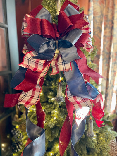 The Dawn Cranberry & Smokey Blue Christmas Tree Topper Bow