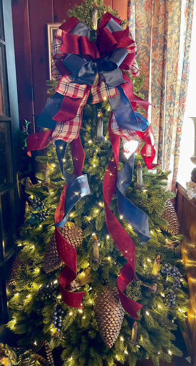 The Dawn Cranberry & Smokey Blue Christmas Tree Topper Bow