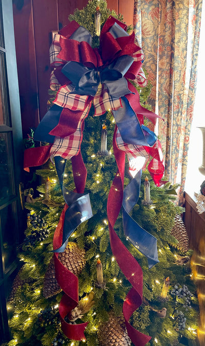 The Dawn Cranberry & Smokey Blue Christmas Tree Topper Bow