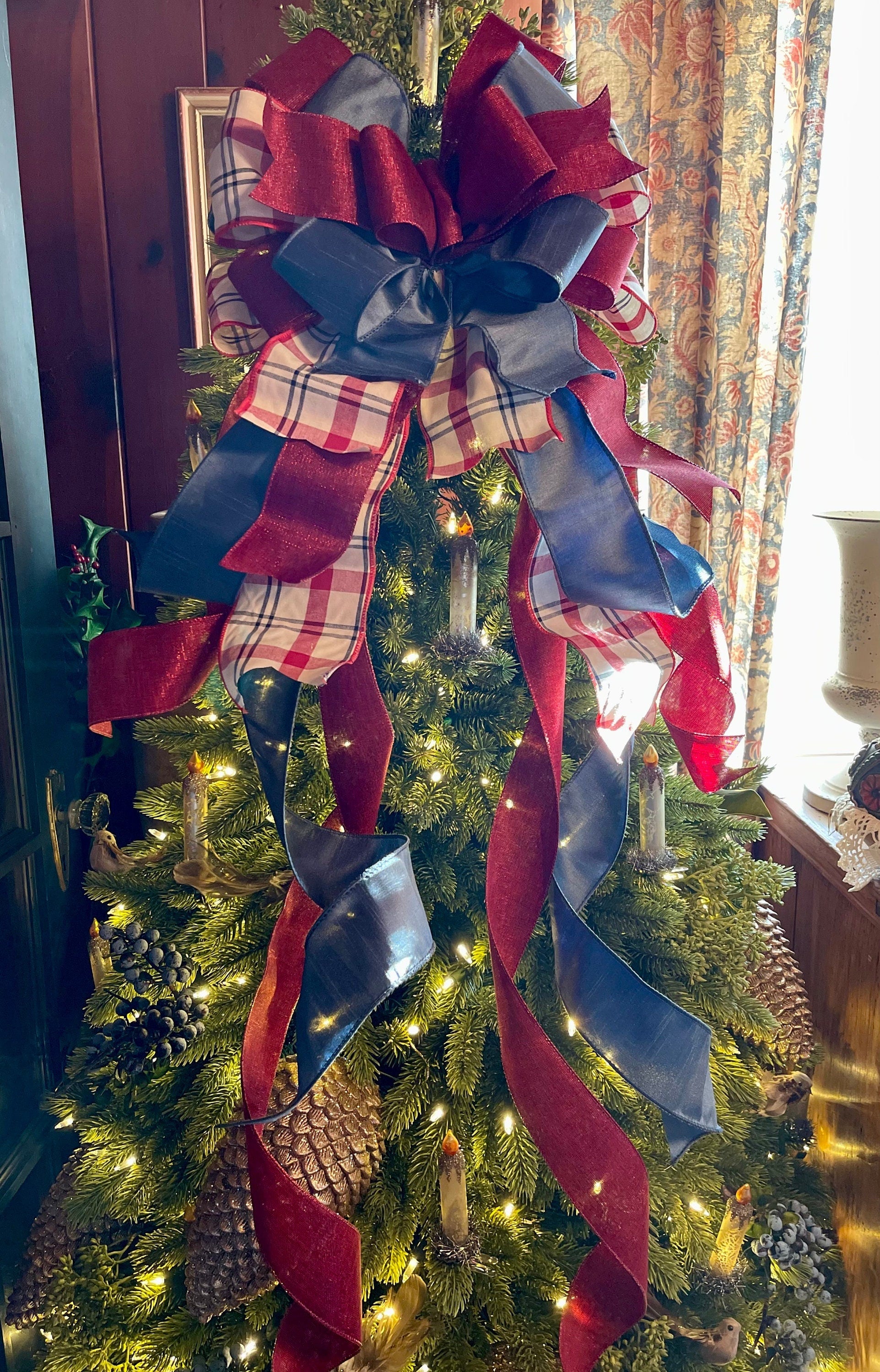 The Dawn Cranberry & Smokey Blue Christmas Tree Topper Bow