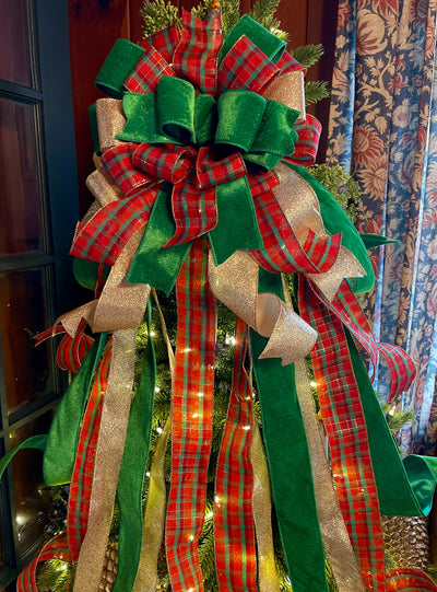 The Miriam Red Green & Gold Christmas Tree Topper Bow