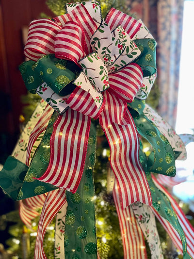 The Denise Red Green & White Christmas Tree Topper Bow