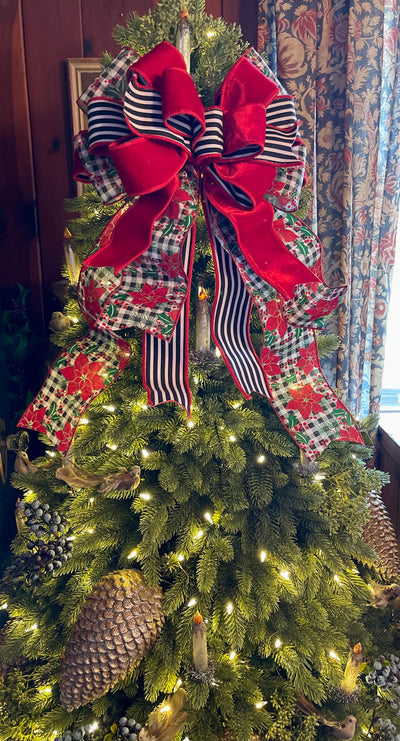 The Christine Red Black Green & White Christmas Tree Topper Bow