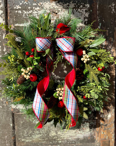 The Mary Winter Rustic Red & White Evergreen Christmas Wreath For Front Door