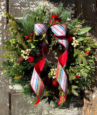 The Mary Winter Rustic Red & White Evergreen Christmas Wreath For Front Door