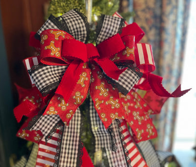 The Hansel Red Black & White Gingerbread Christmas Tree Topper Bow