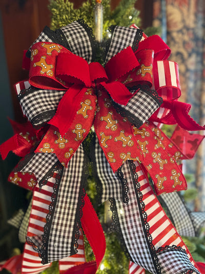 The Hansel Red Black & White Gingerbread Christmas Tree Topper Bow