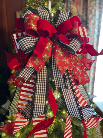 The Hansel Red Black & White Gingerbread Christmas Tree Topper Bow