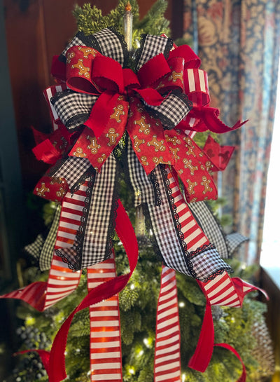 The Hansel Red Black & White Gingerbread Christmas Tree Topper Bow