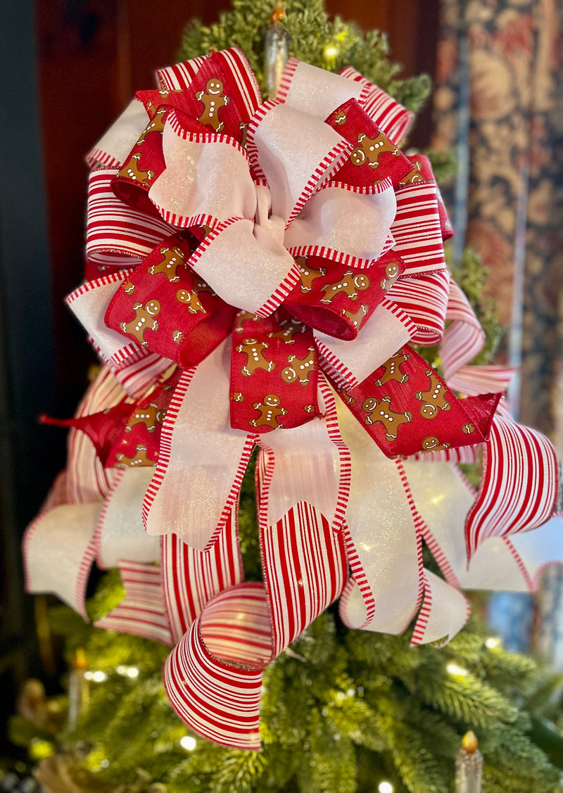 The Cookie Red & White Gingerbread Christmas Tree Topper Bow