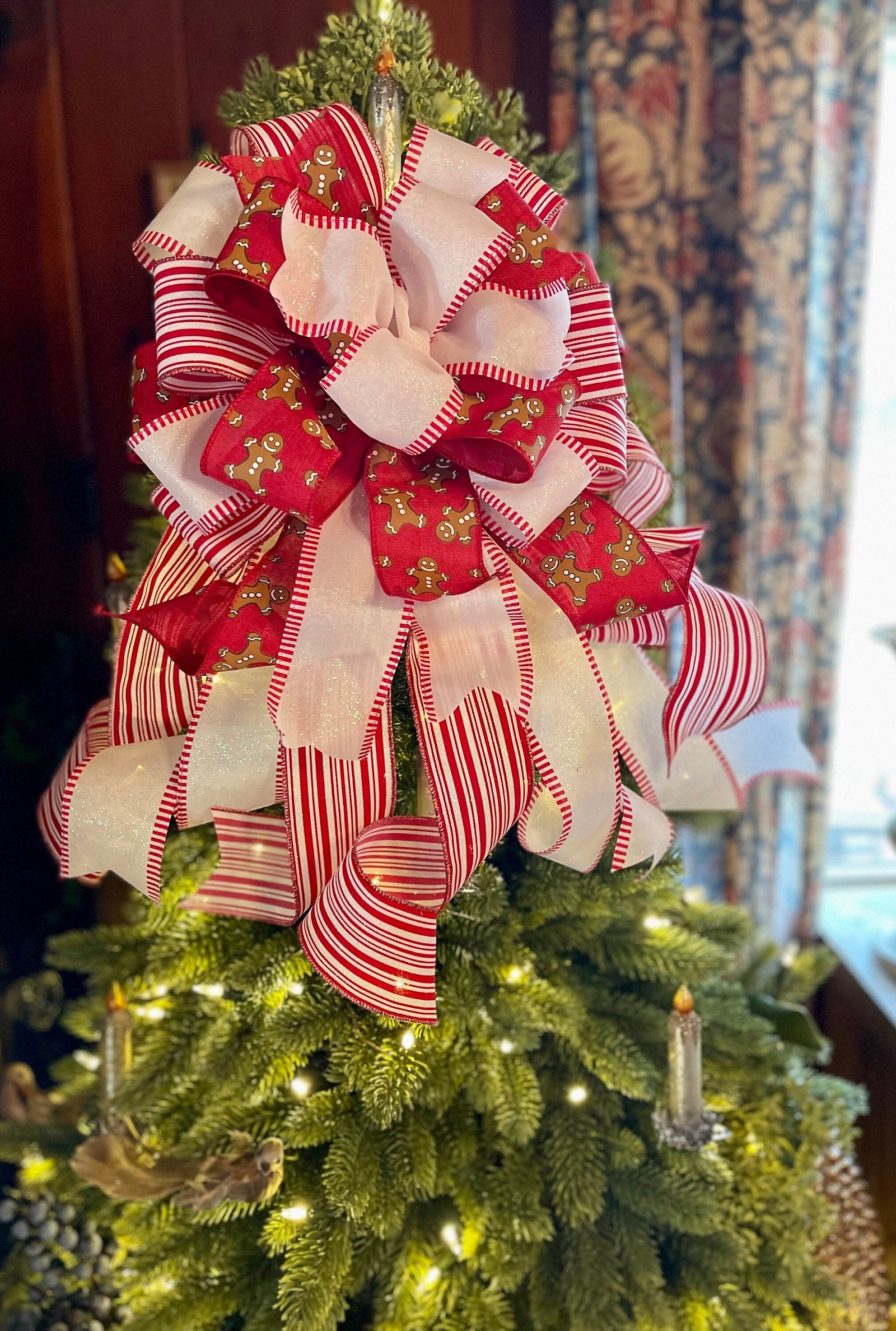 The Cookie Red & White Gingerbread Christmas Tree Topper Bow