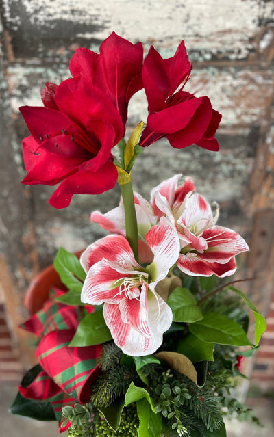 The Evette Red Amaryllis & Pine Christmas Centerpiece For Dining Table