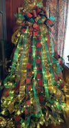 The Tia Red Green & Gold Poinsettia XXL Christmas Tree Topper Bow, Christmas tree trimming bow, XL long streamer bow, christmas decor