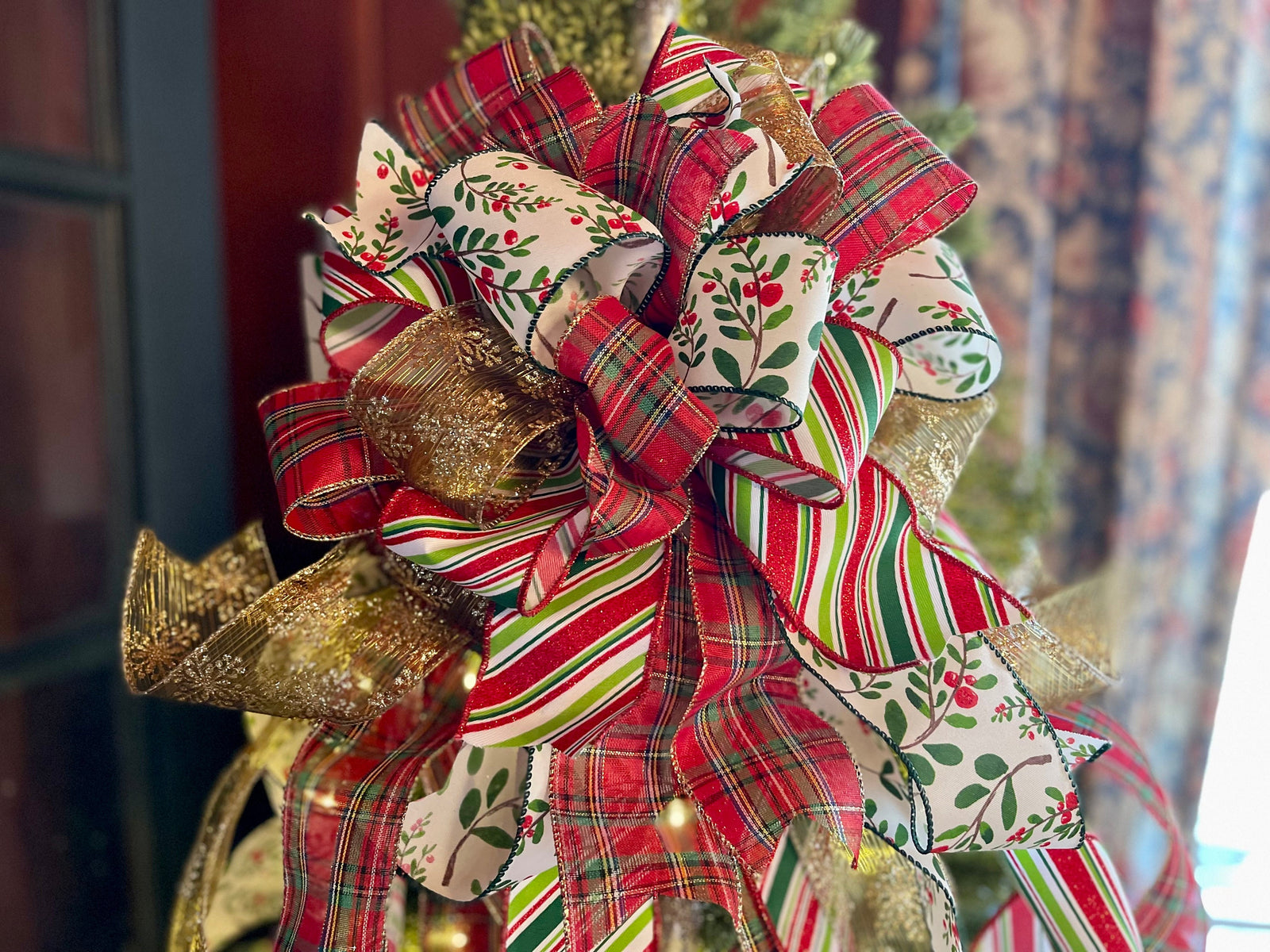 The Gillian XL Red Green & Gold Plaid Christmas Tree Topper Bow