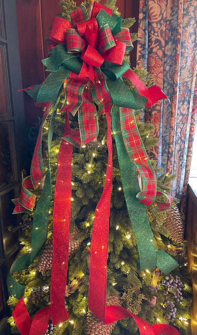 The Elaine Red Green & Gold Christmas Tree Topper Bow