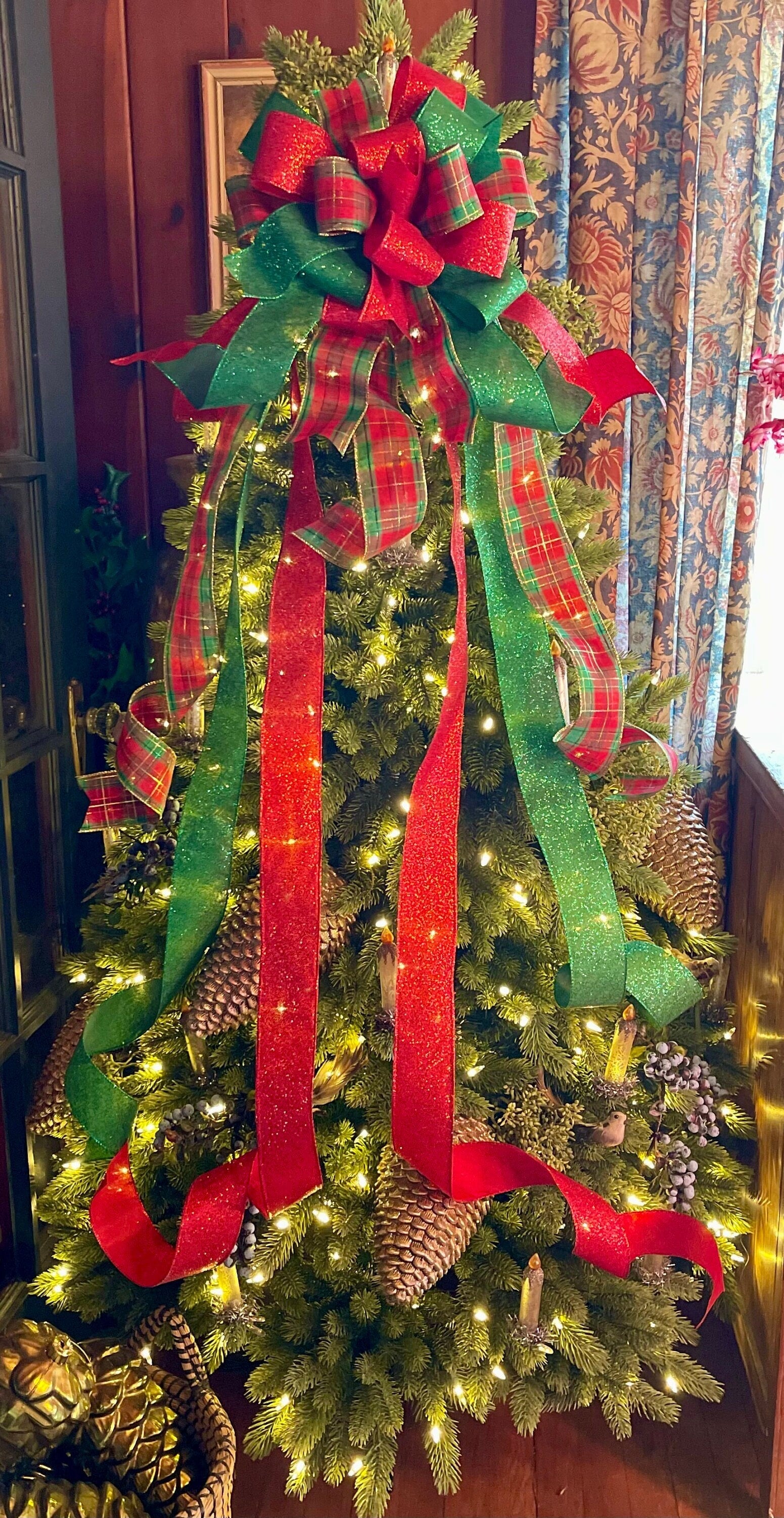 The Elaine Red Green & Gold Christmas Tree Topper Bow